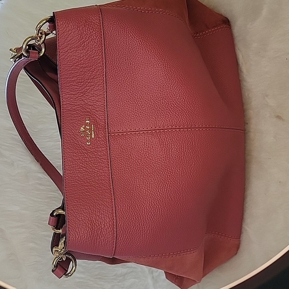 COACH Lexy Large Pink Rose Pebbled Leather Suede Double Handle Shoulder Bag